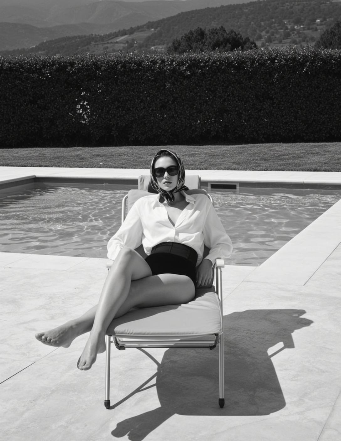 Black And White Full Shot Photograph Shows Woman Sitting Lounge reference photo