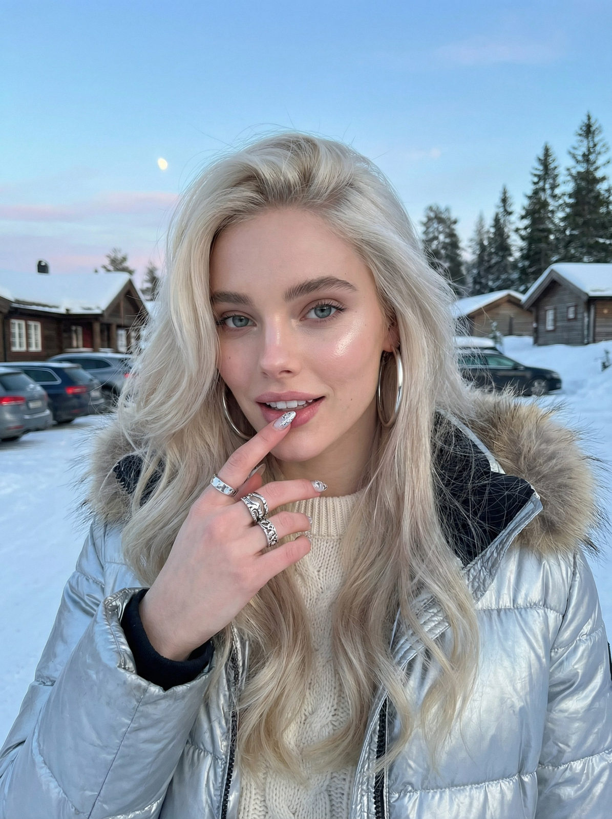 Realistic Outdoor Snow Portrait Woman Silver Jacket