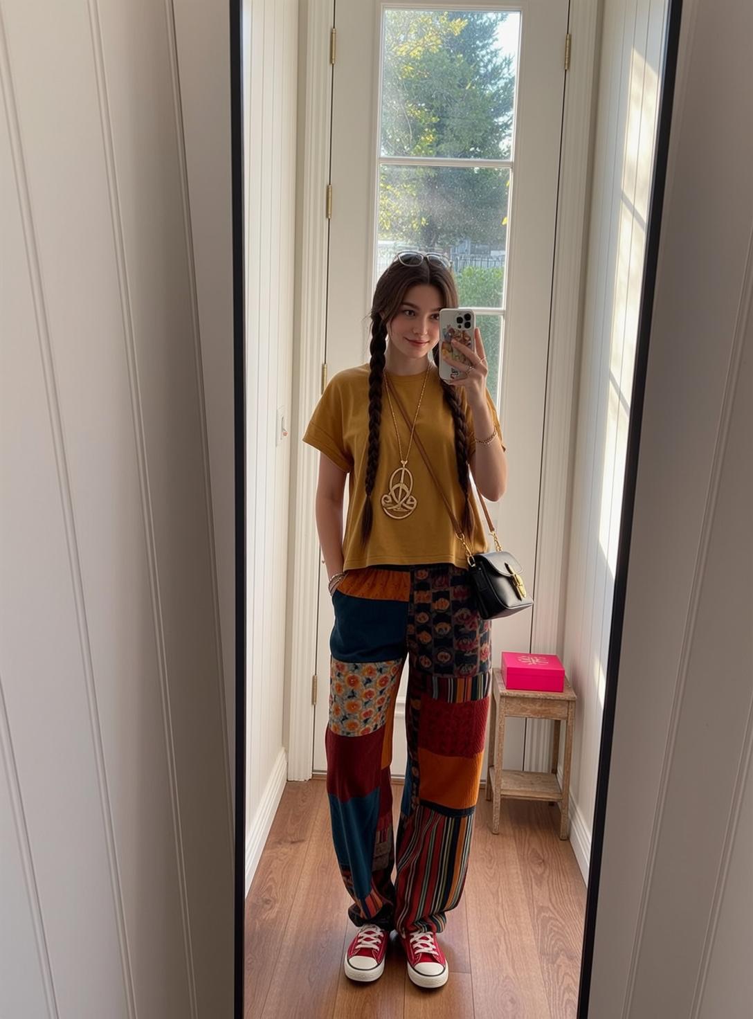 Hallway With Mustard Shirt And Peace Necklace Selfie reference photo