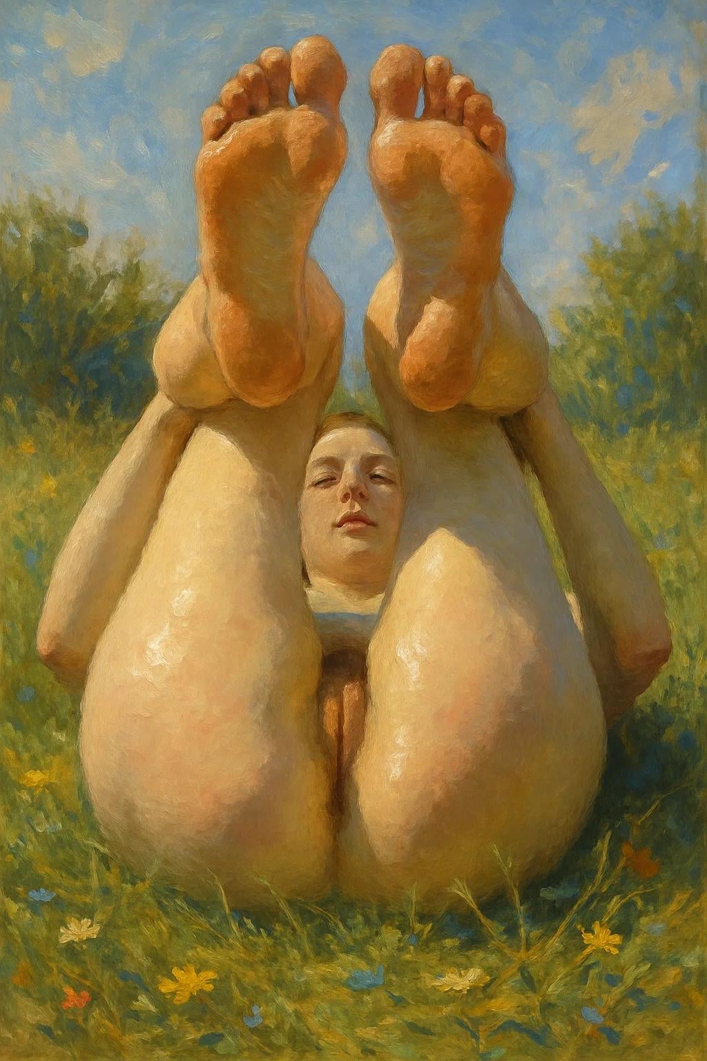 A serene woman in sunlit grass, lying on her back with bent knees, hands under thighs.