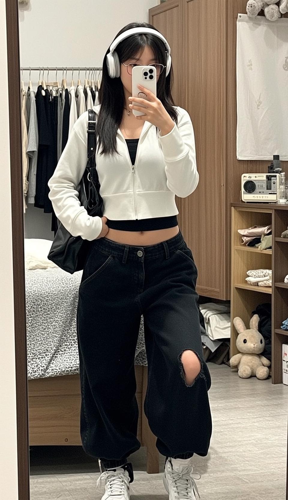 Acubi Young Stands Facing Mirror Holding Her