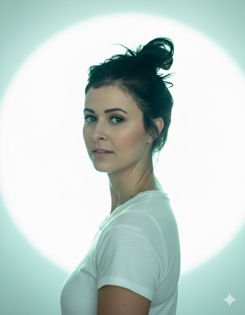 A dramatic high-fashion studio portrait of a woman in a serene pose, featuring a softbox halo and deep shadows.