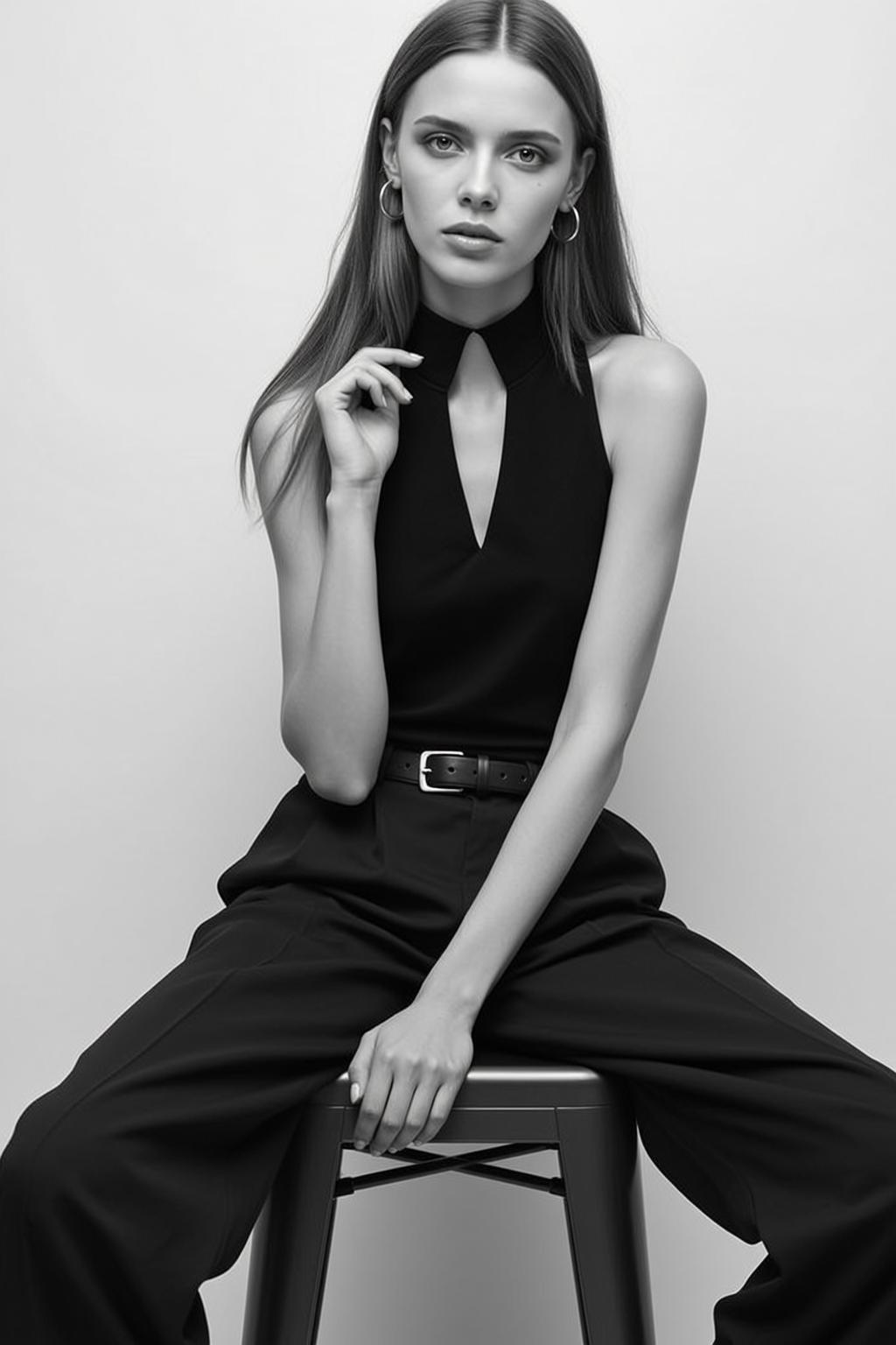 Photorealistic Portrait Young Woman With Long Straight Brown Hair Sitting reference photo