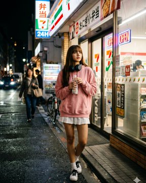 Pastel Hoodie Mini Skirt Wet City Street Night 7 Eleven