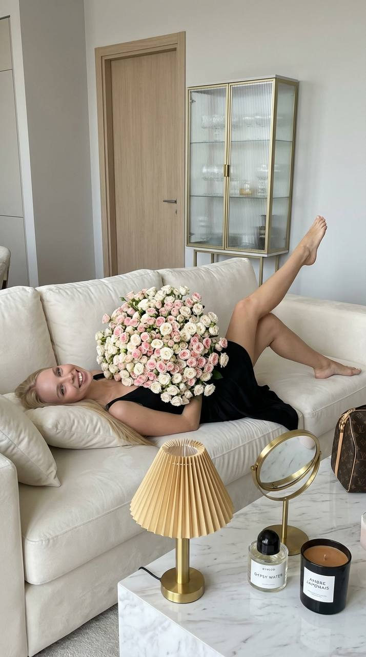 Realistic Woman Plush Sofa Roses Luxury