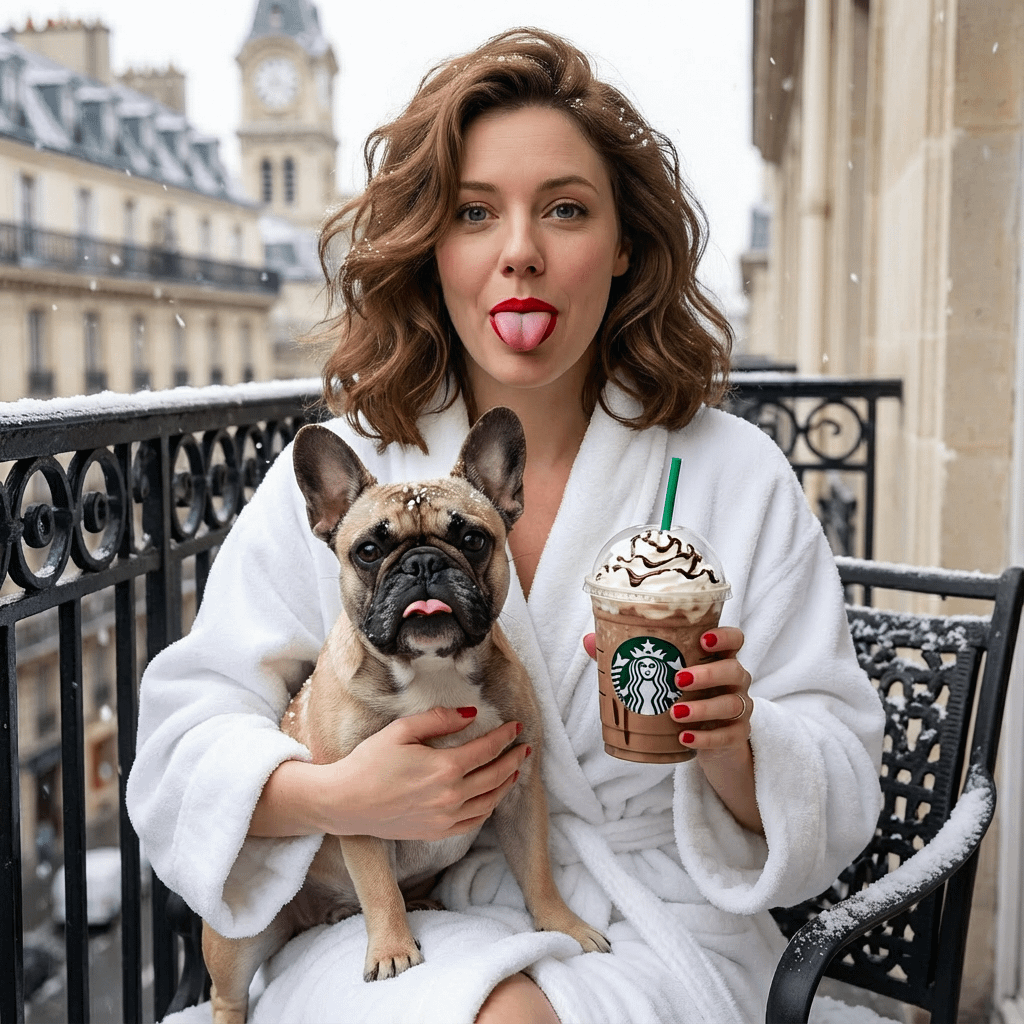 A woman in a white bathrobe holding a fawn bulldog on a snowy balcony, with snowflakes falling around them.