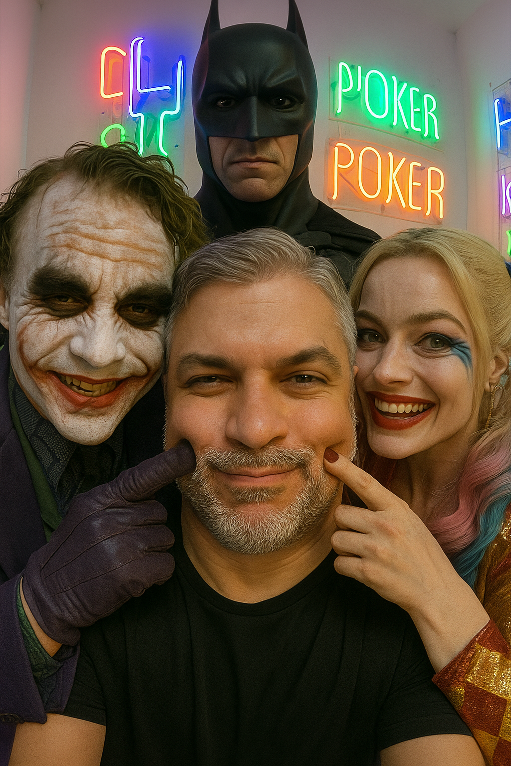A fisheye selfie with Batman, Joker, and Harley Quinn in a neon-lit room, capturing a playful moment.