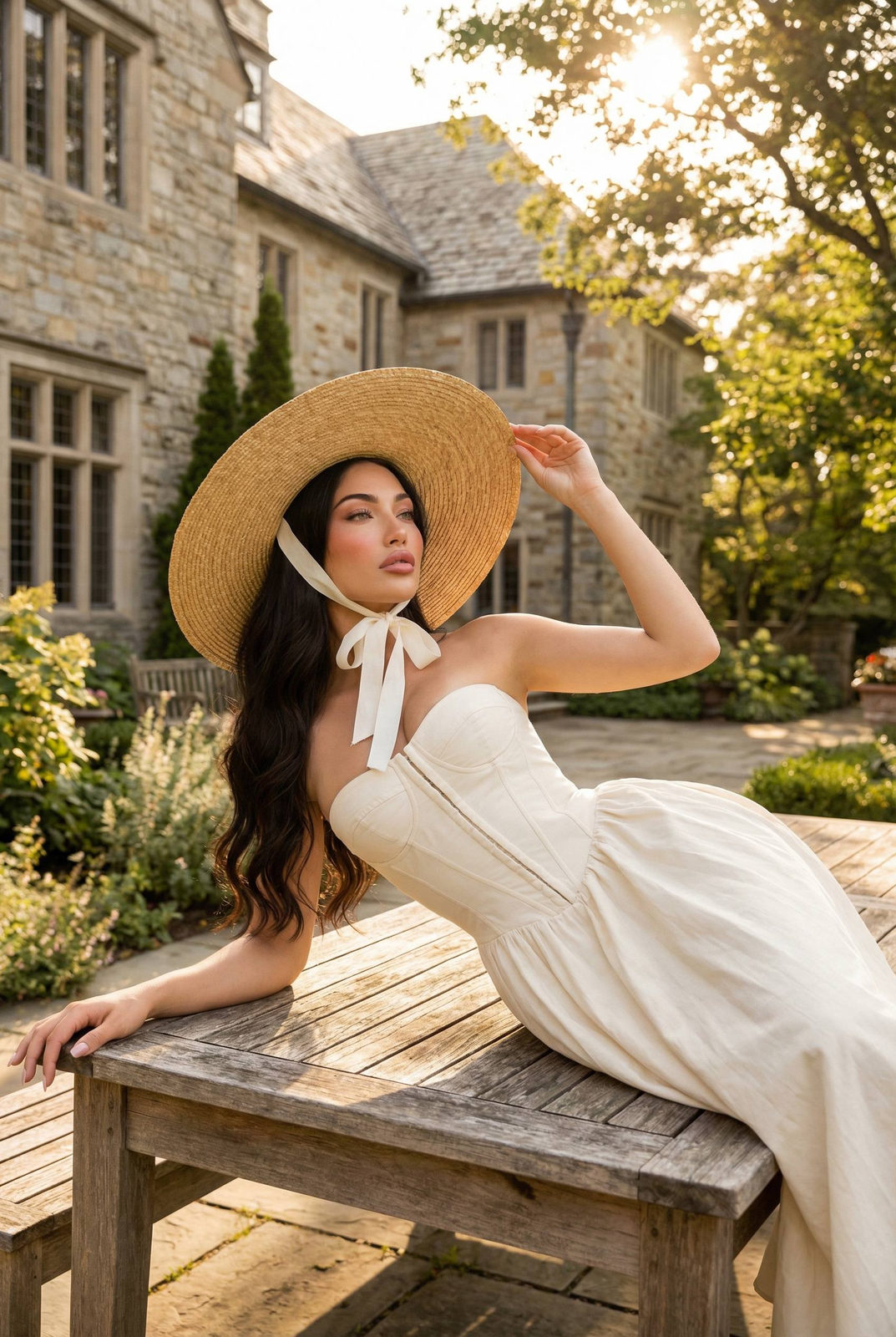 Reclining Sunlit Garden Straw Hat Fashion Editorial