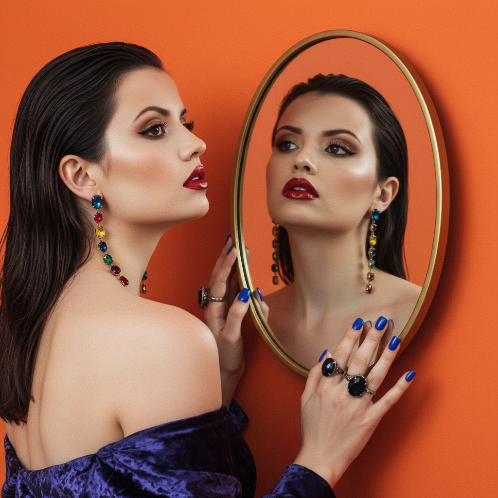 A dramatic high-fashion portrait of a female model with a captivating mirror reflection, wearing a purple dress against an orange background.