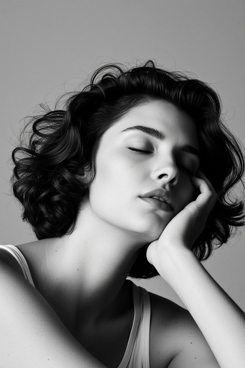 Photorealistic Black And White Medium Shot Portrait Young Woman With reference photo
