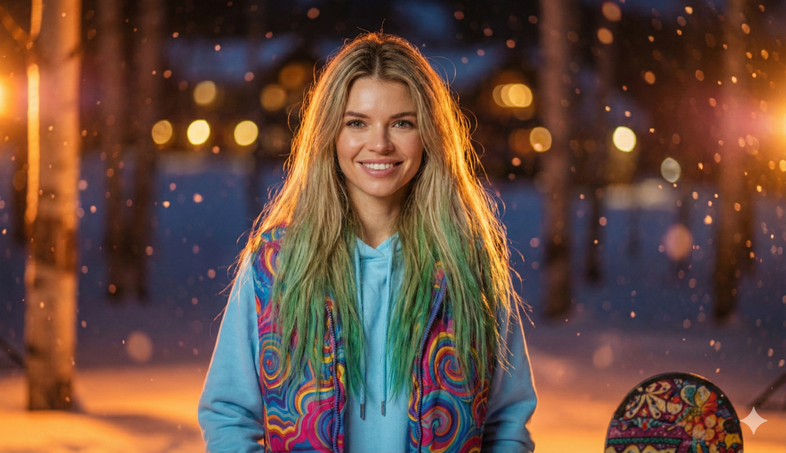 Realistic Woman Night Snow Warm Lights