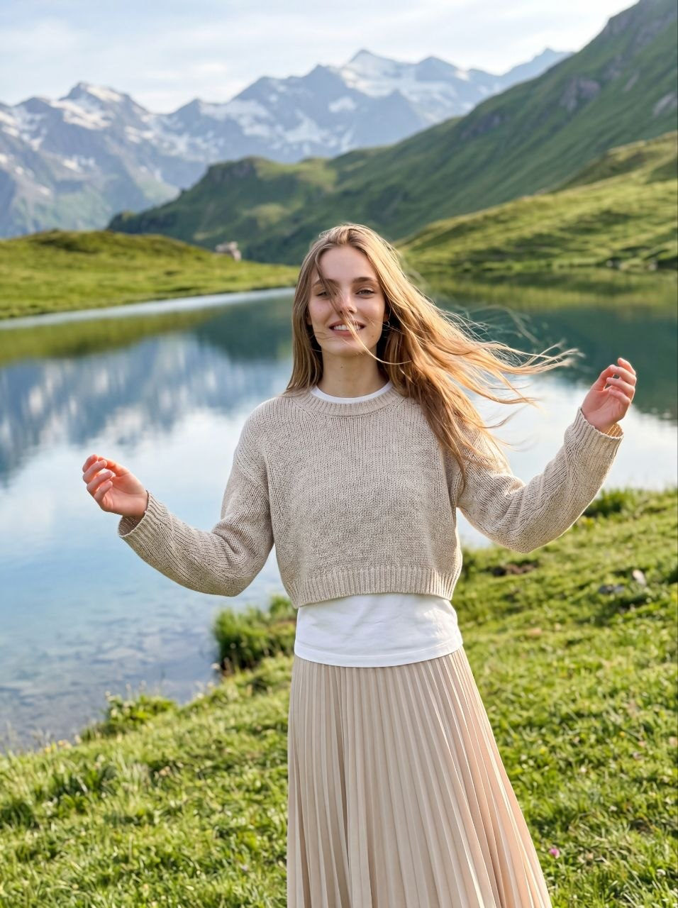 Girl Meadow Mountain Lake Sunny Breeze Beige Skirt