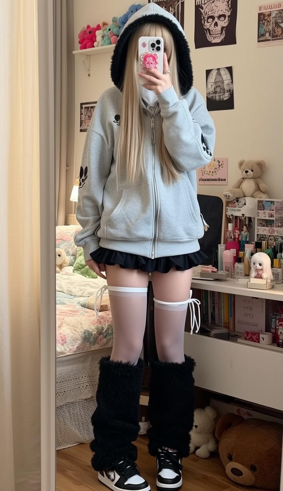 Blonde Hair Girl Grey Hoodie Ruffled Skirt Bedroom reference photo