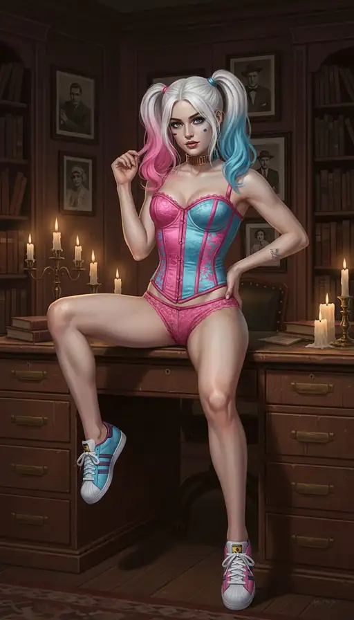 A full body portrait of a gorgeous, thin female in a Harley Quinn inspired outfit, posed seductively in a candlelit room.
