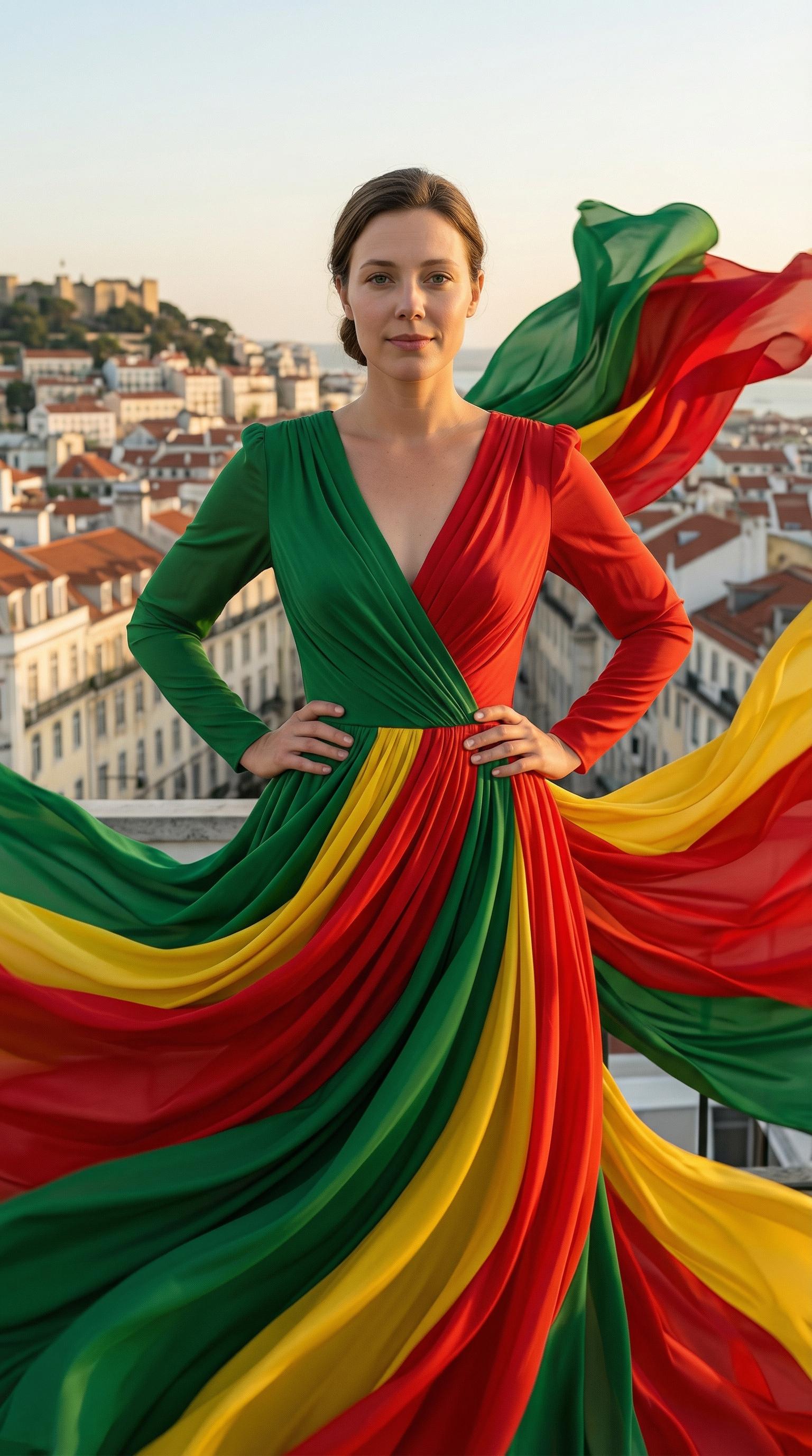 Flowing Portuguese Flag Dress Dynamic Pose