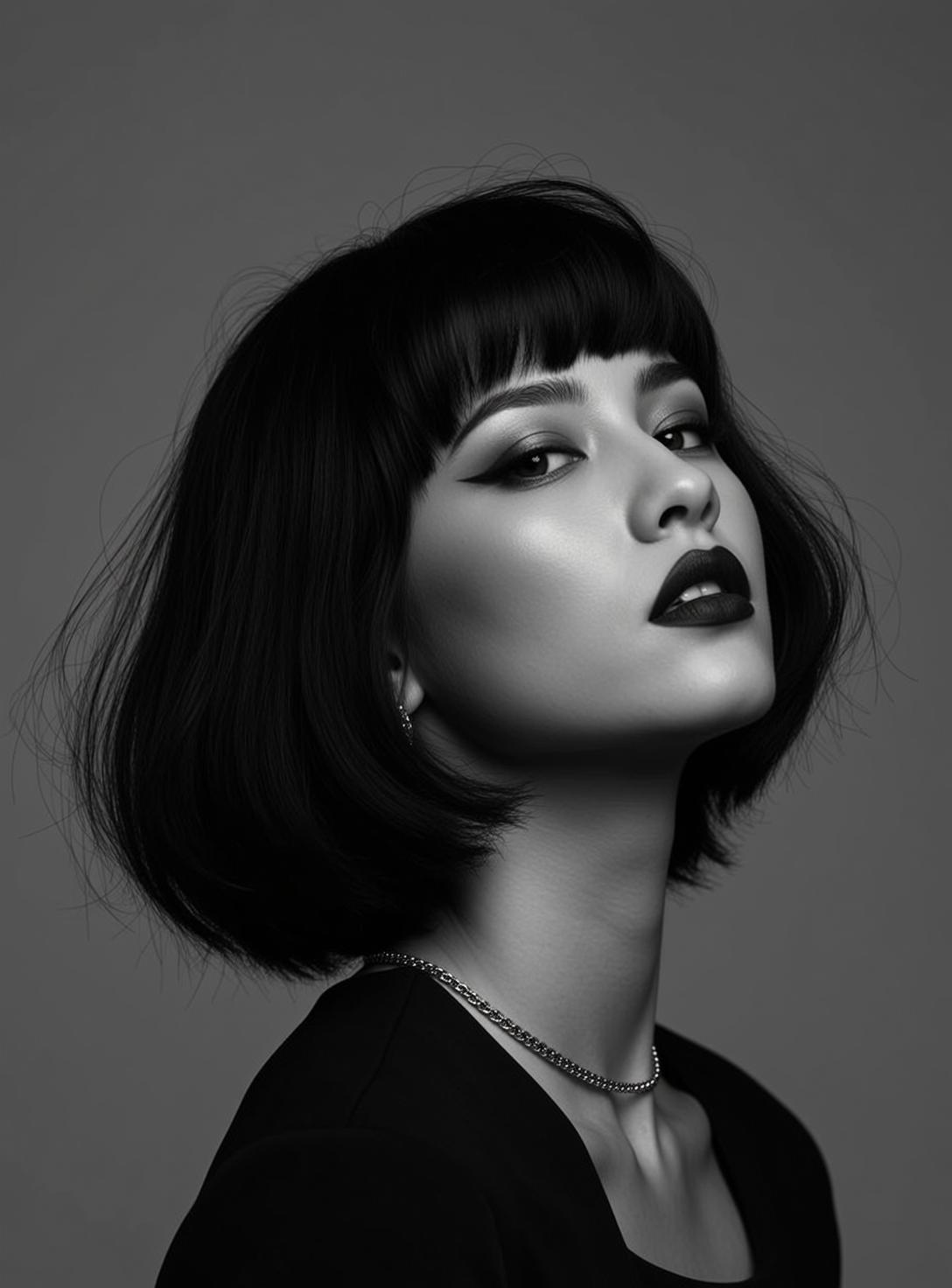 Photorealistic Medium Close-up Portrait Young Woman With Sharp Chin-length Bob reference photo