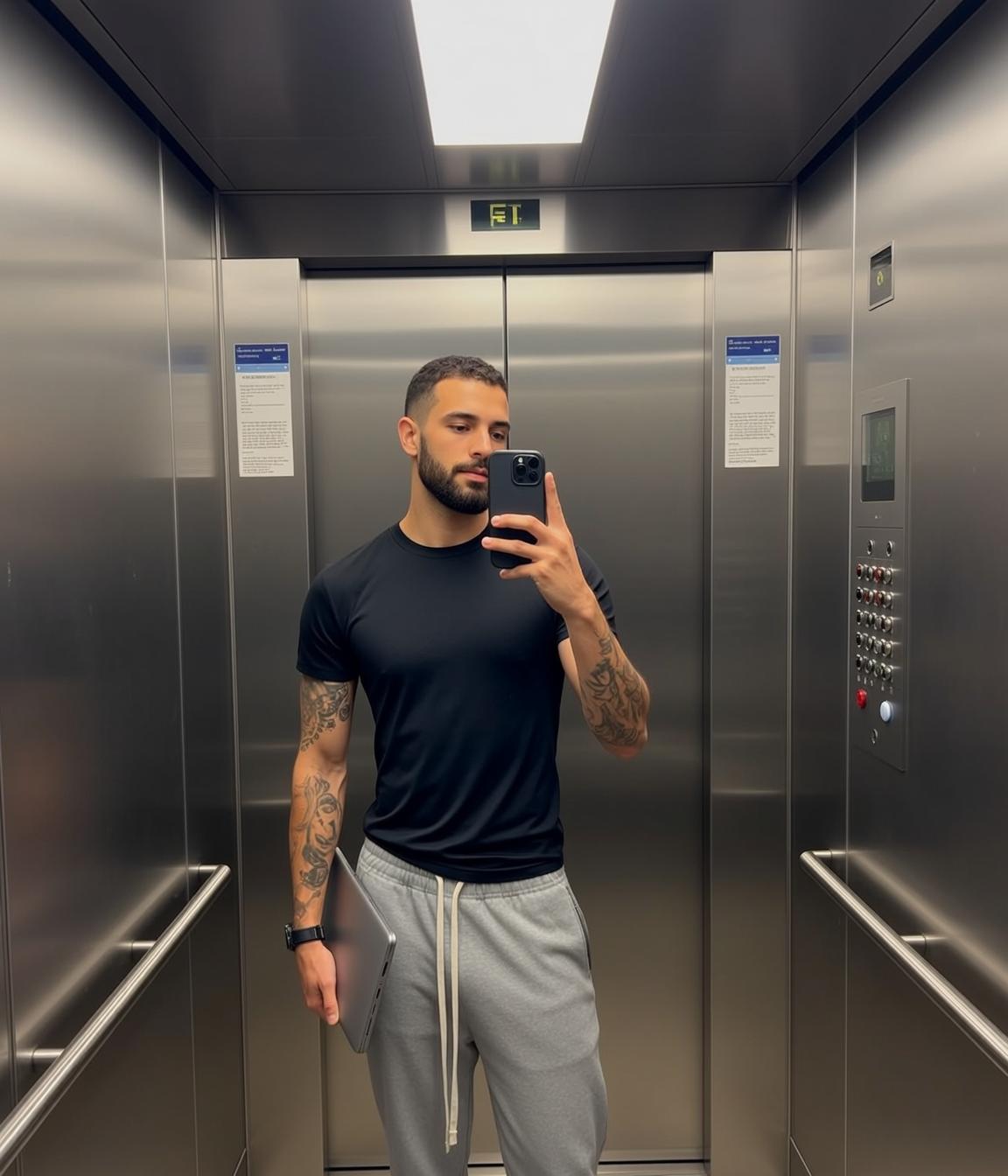 Black T Shirt Sweatpants Tattoo Portrait reference photo