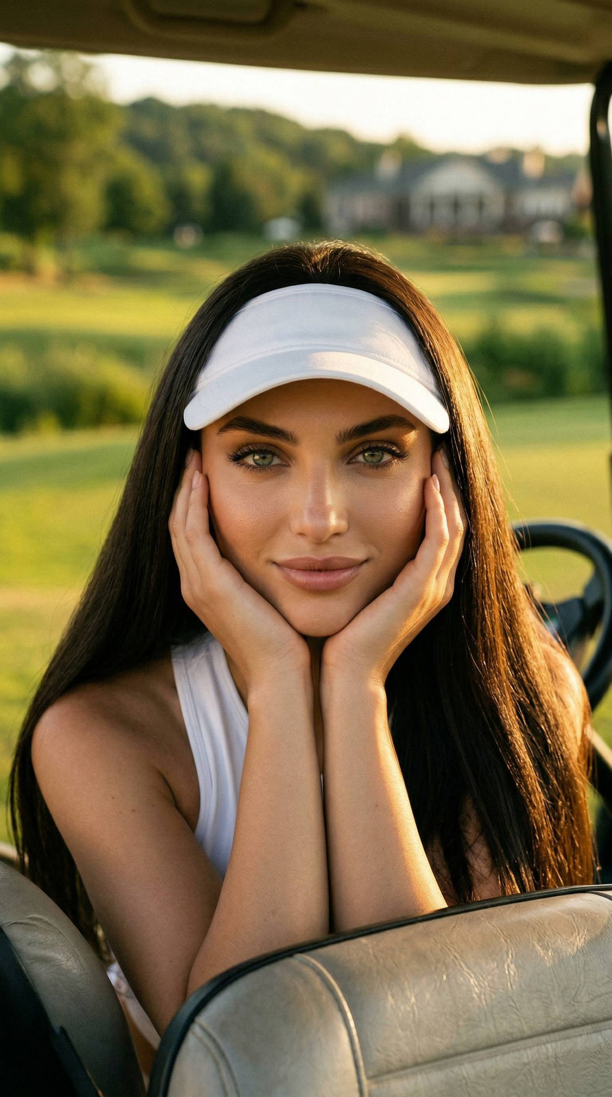 Golf Club Golden Hour Girl Leaning On Cart Cinematic Grain