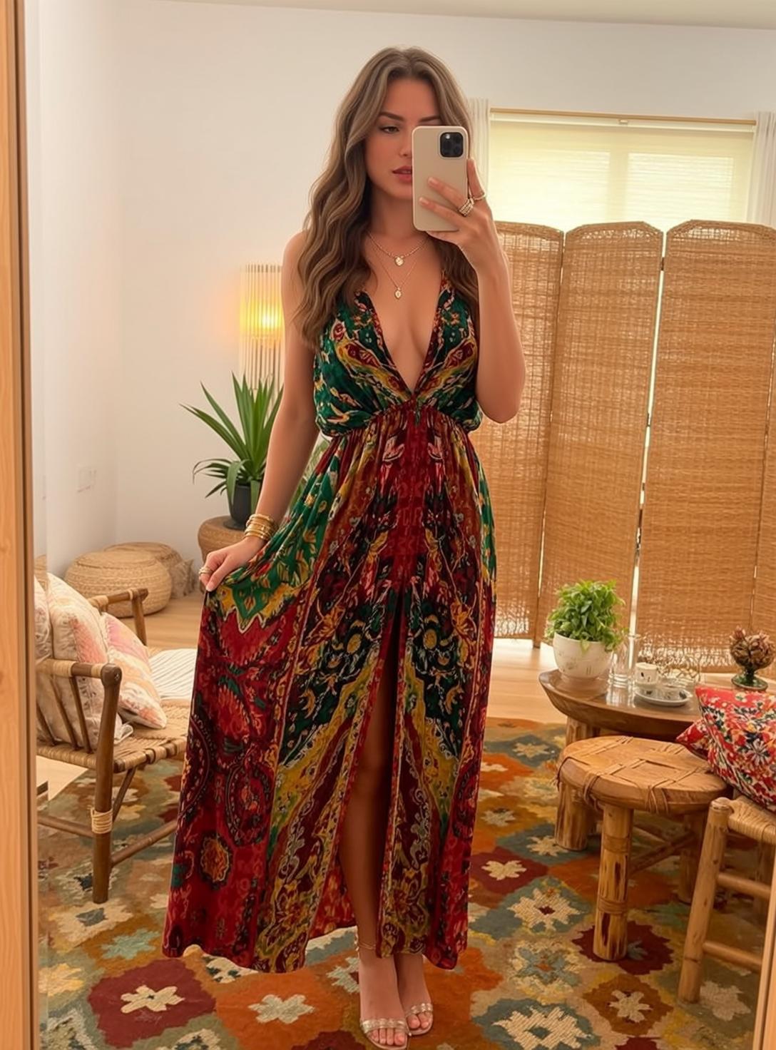 Patterned Maxi Dress Taking Selfie In Living Room reference photo