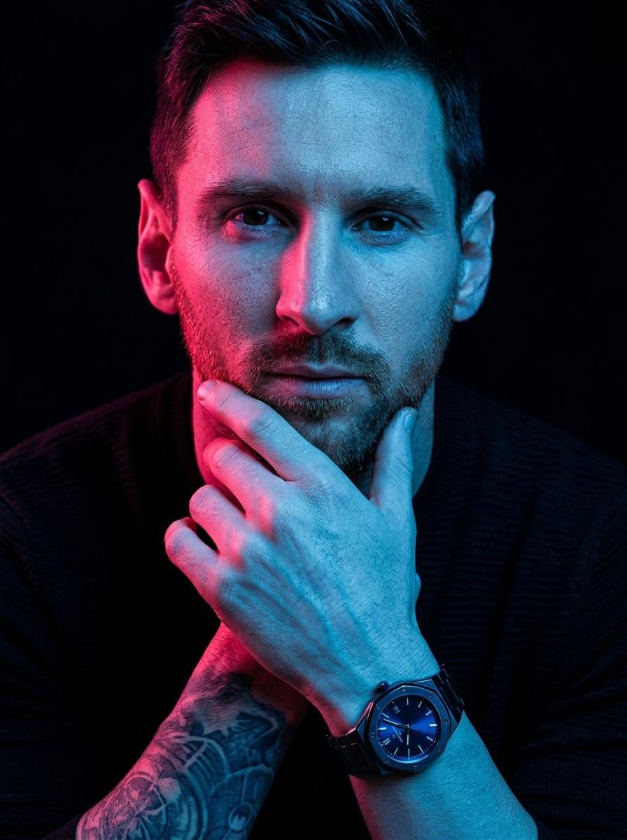 A dramatic dual-tone neon portrait of a person in a thoughtful pose, one hand on chin, illuminated by cool blue and vivid pink light.