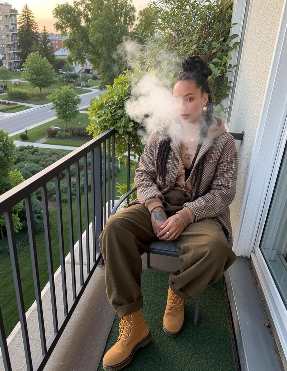 Woman On Balcony Exhaling Smoke Plaid Jacket reference photo