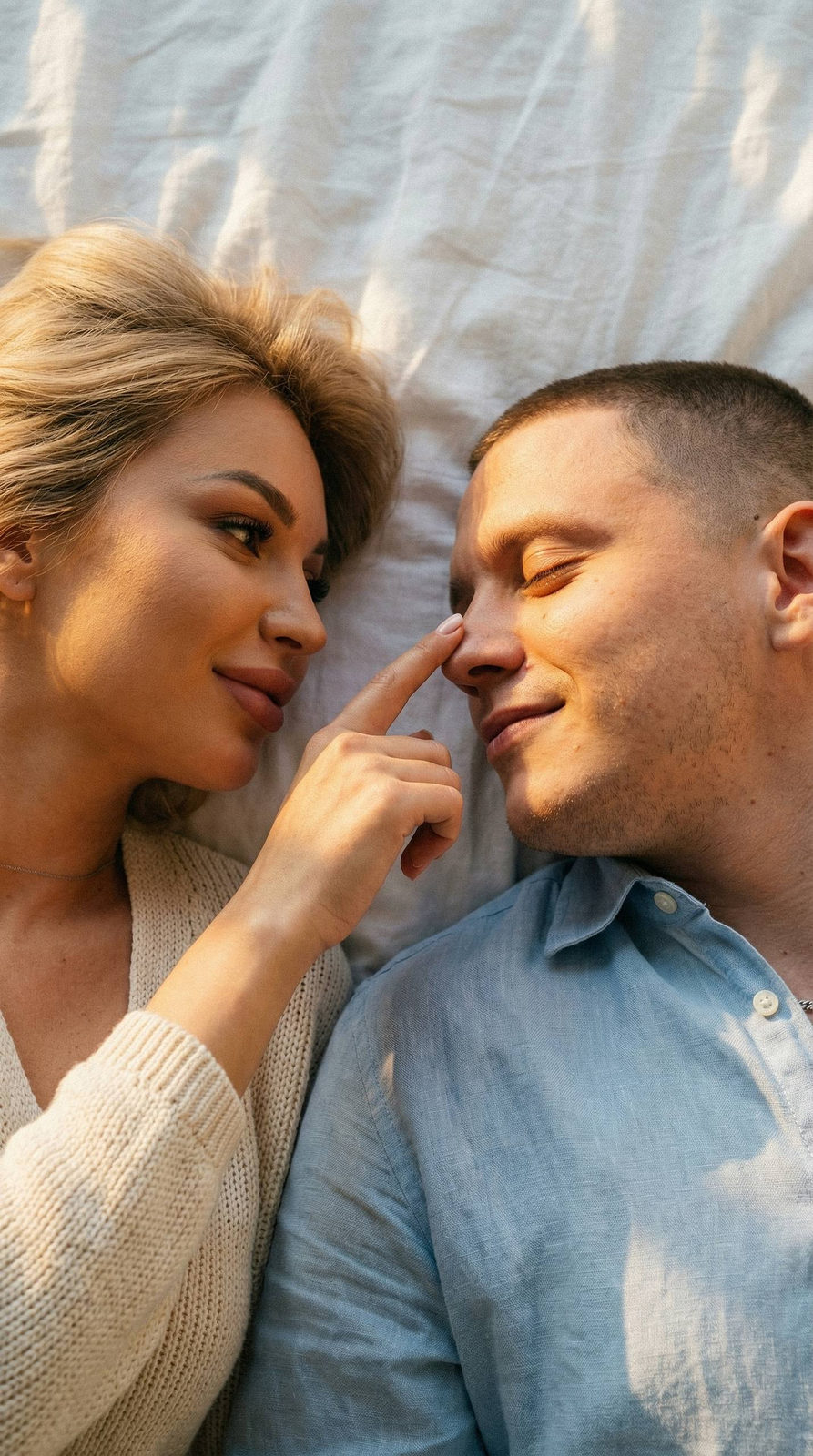 Golden Hour Man Woman Bed Close Up