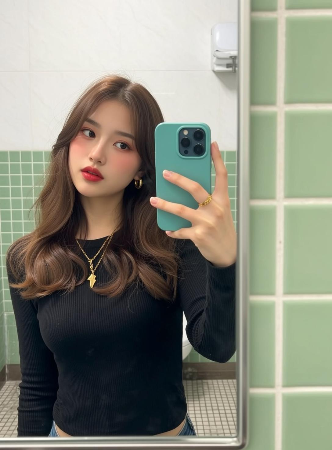 Explore Taking Mirror Selfie Holding Teal Smartphone reference photo