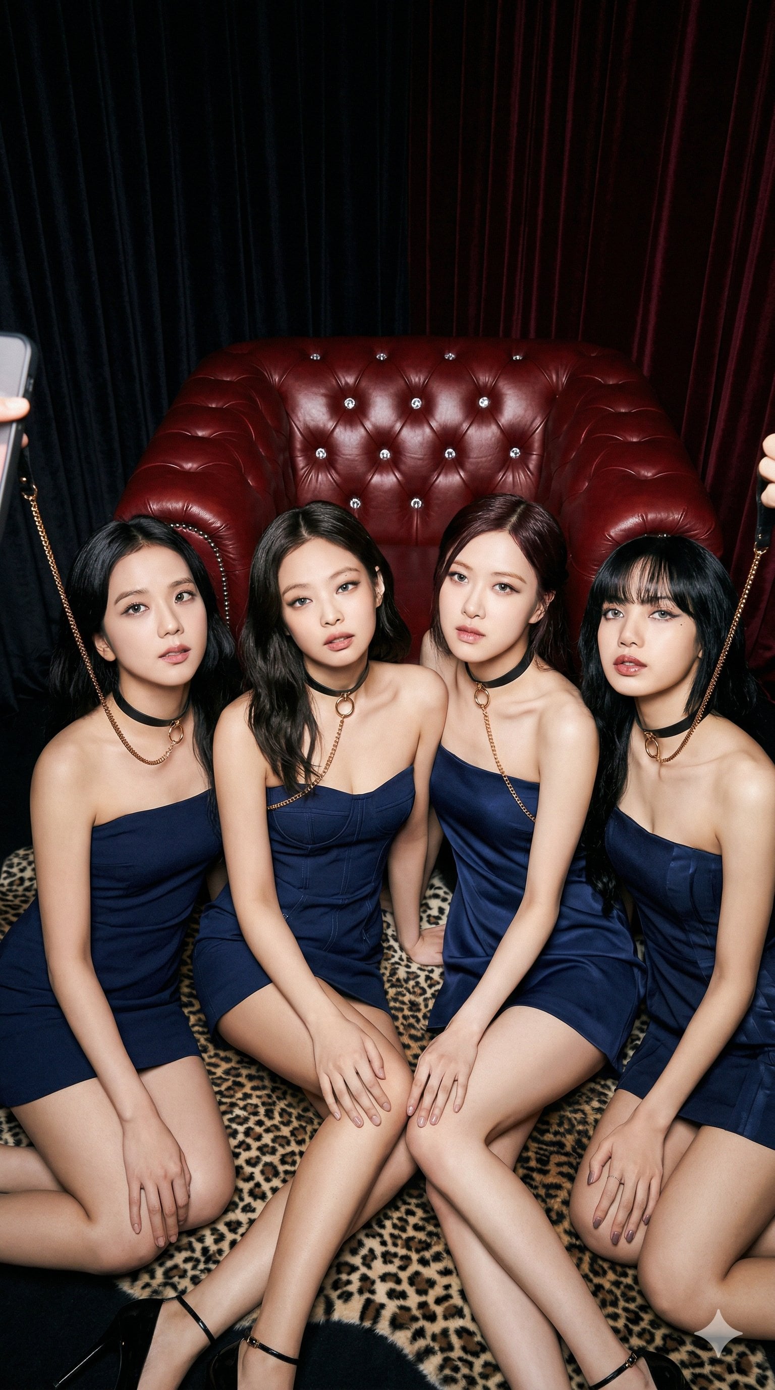A dimly lit lounge scene with Blackpink members casually posed around a red armchair and leopard rug, soft lighting enhancing their expressions.