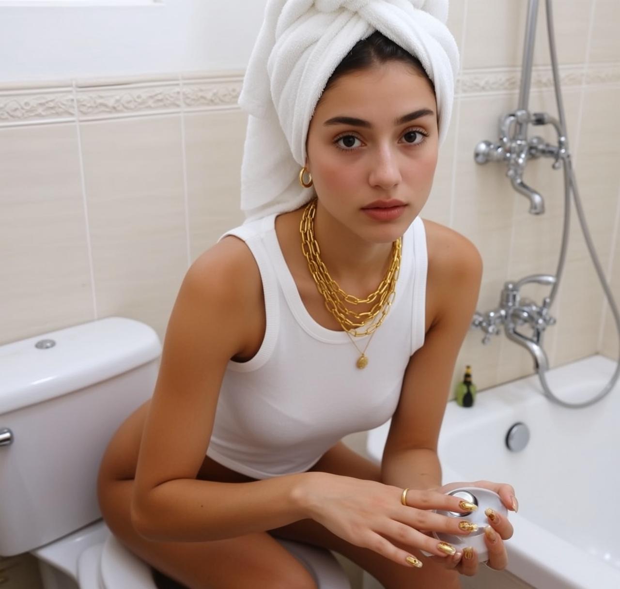 Indie Young Dark Brown Wrapped White Towel reference photo