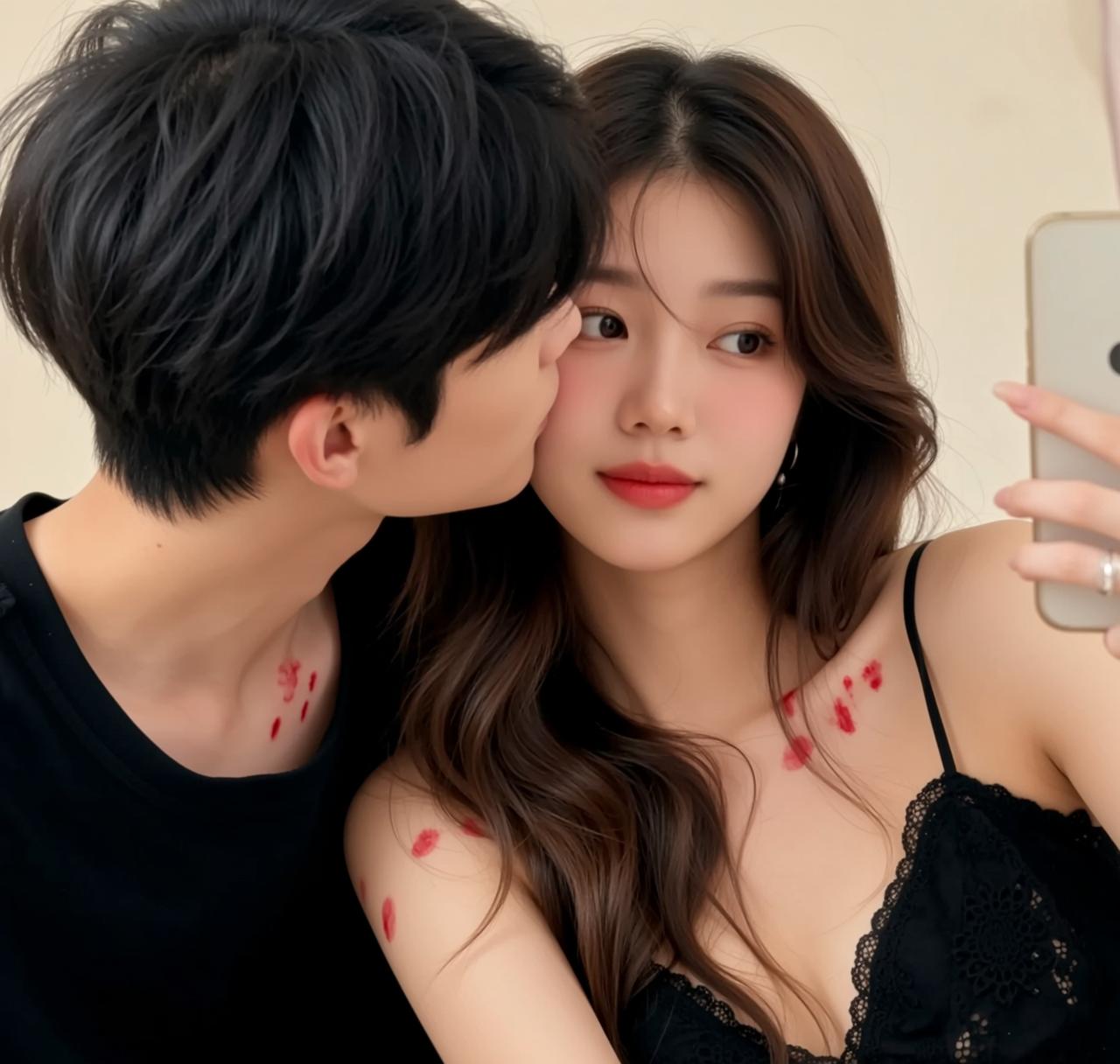 Explore Young Kissing Cheek Holding Smartphone Take reference photo
