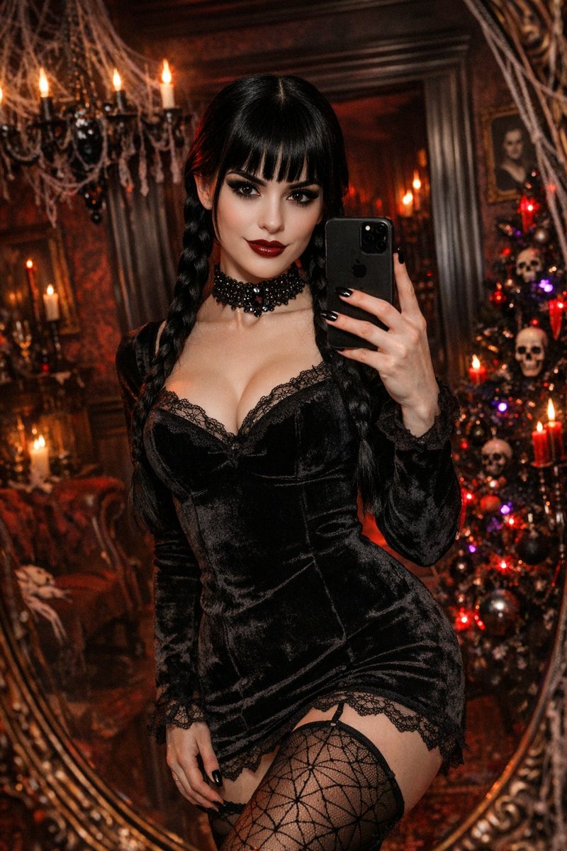 A sultry mirror selfie in a gothic Victorian living room, featuring dramatic black-crimson lighting, a confident gaze, and a lavish backdrop.