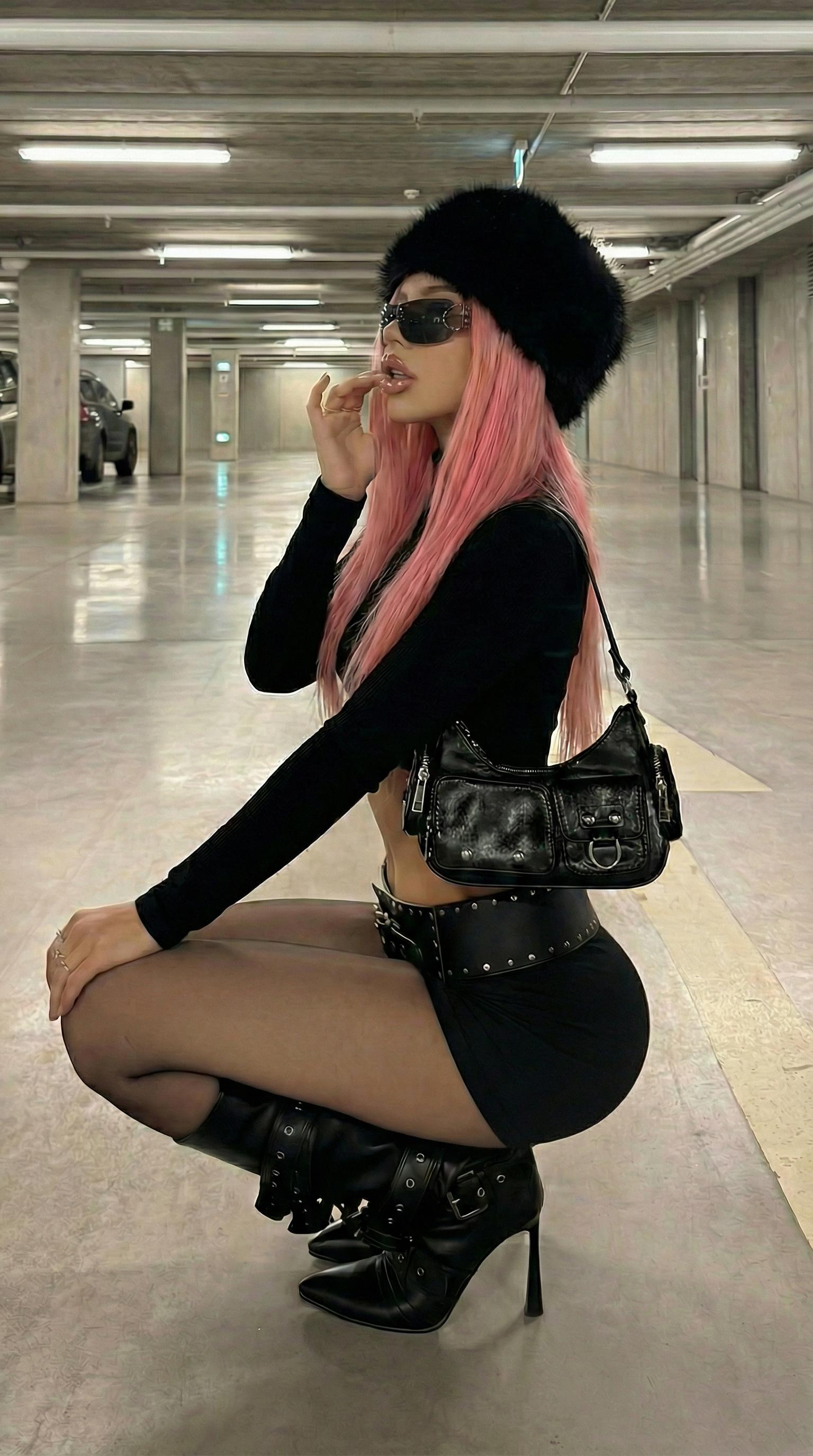 Pink Hair Garage Crouch Photorealistic
