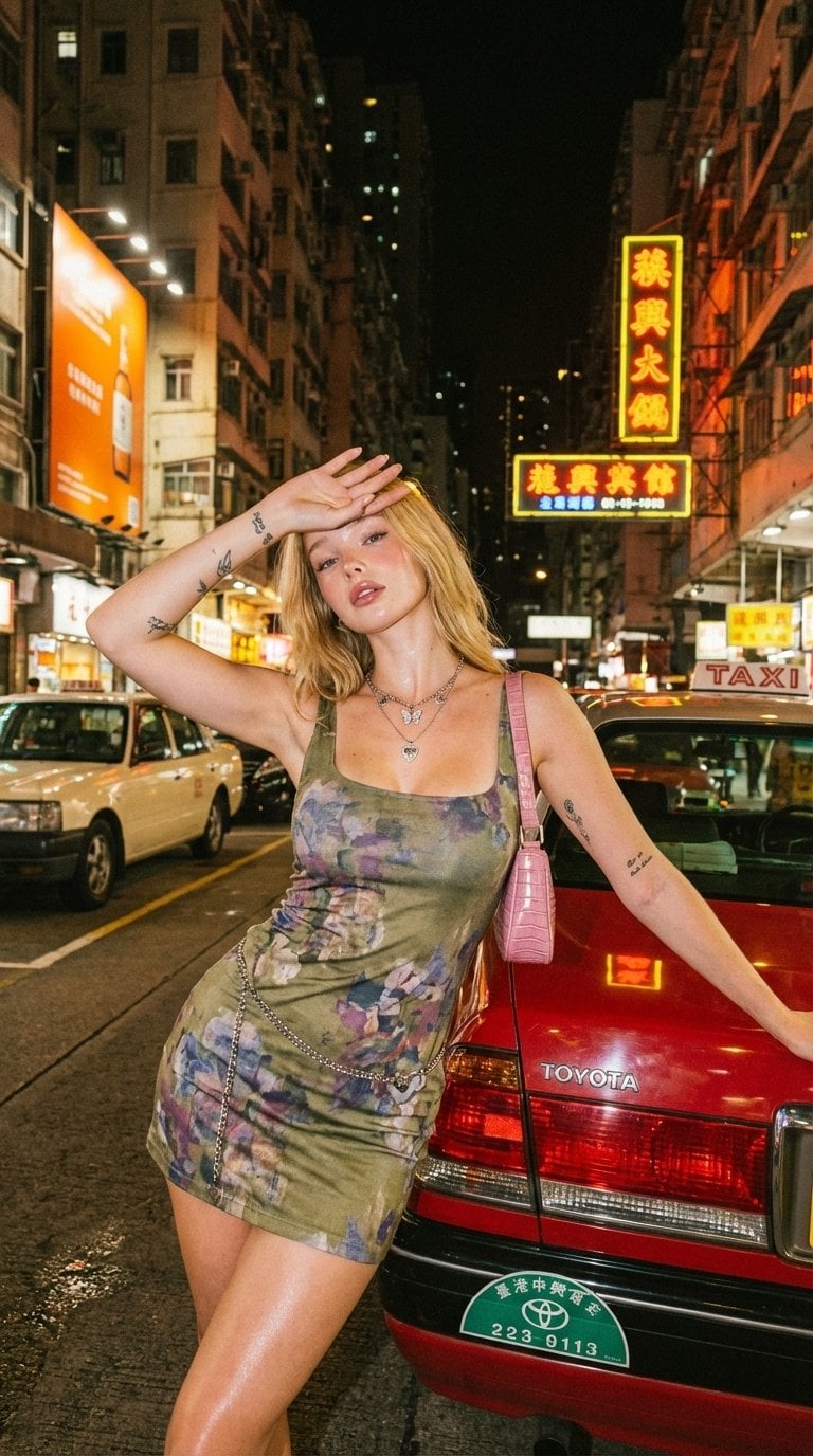 Olive Floral Dress Red Taxi Neon Street Night