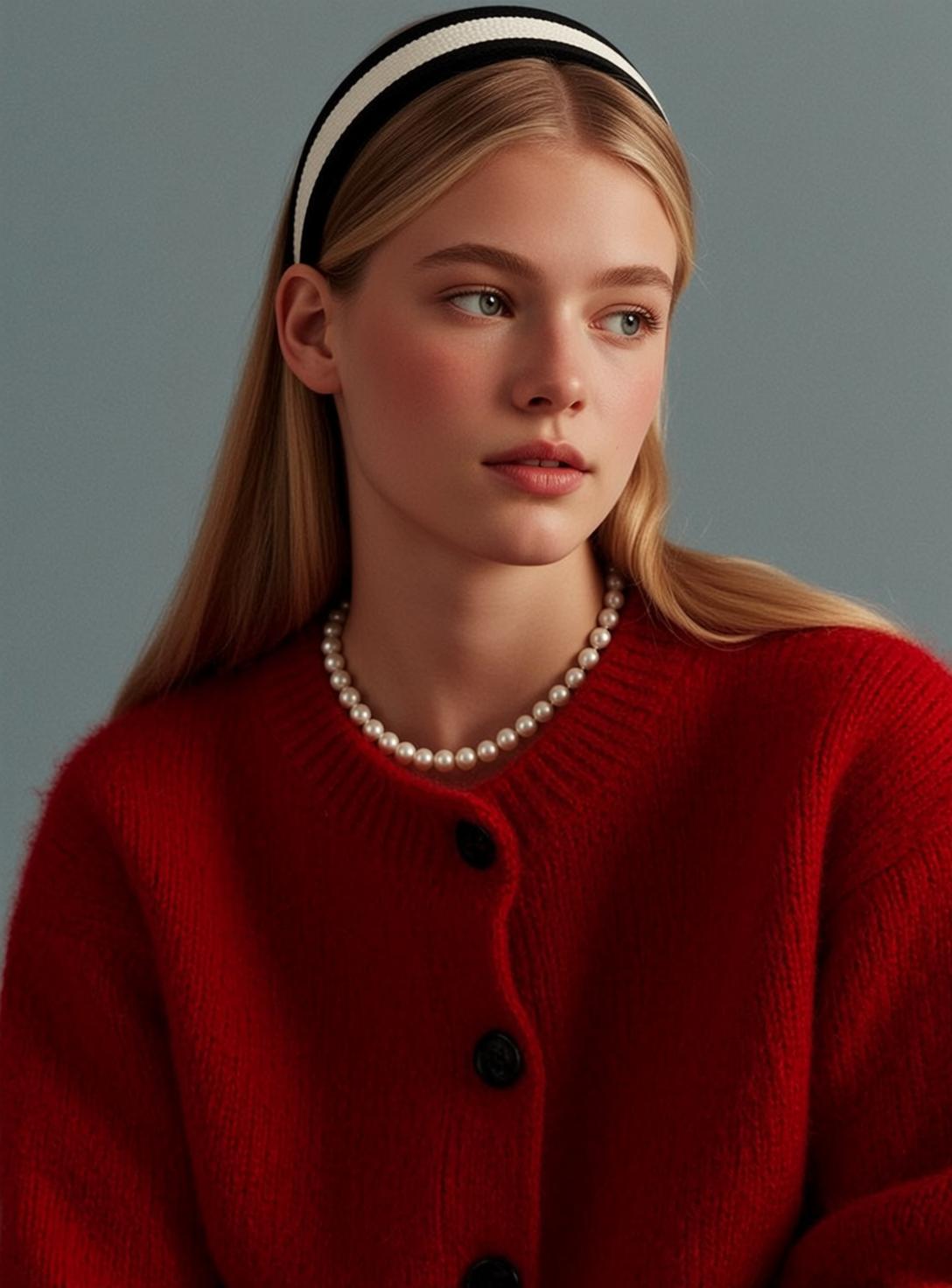 Red Cardigan Blue Backdrop reference photo