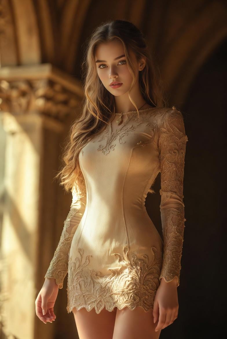 Champagne Gold Lace Dress Ornate Architecture Low Angle reference photo