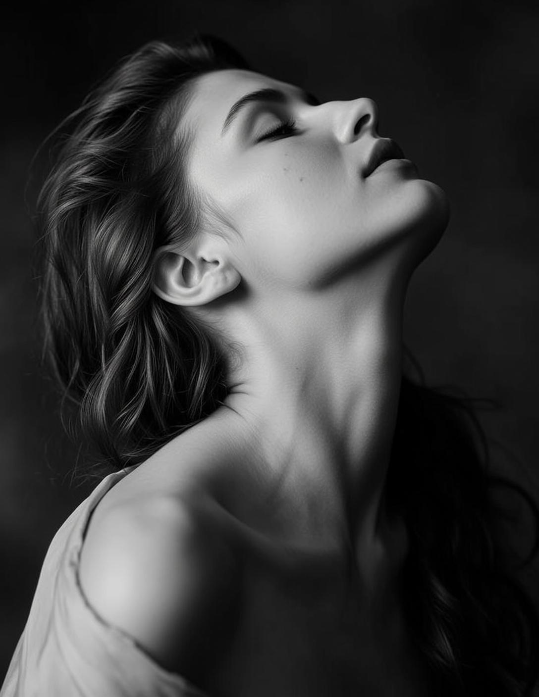 Black And White Medium Shot Portrait Young Woman With Her reference photo