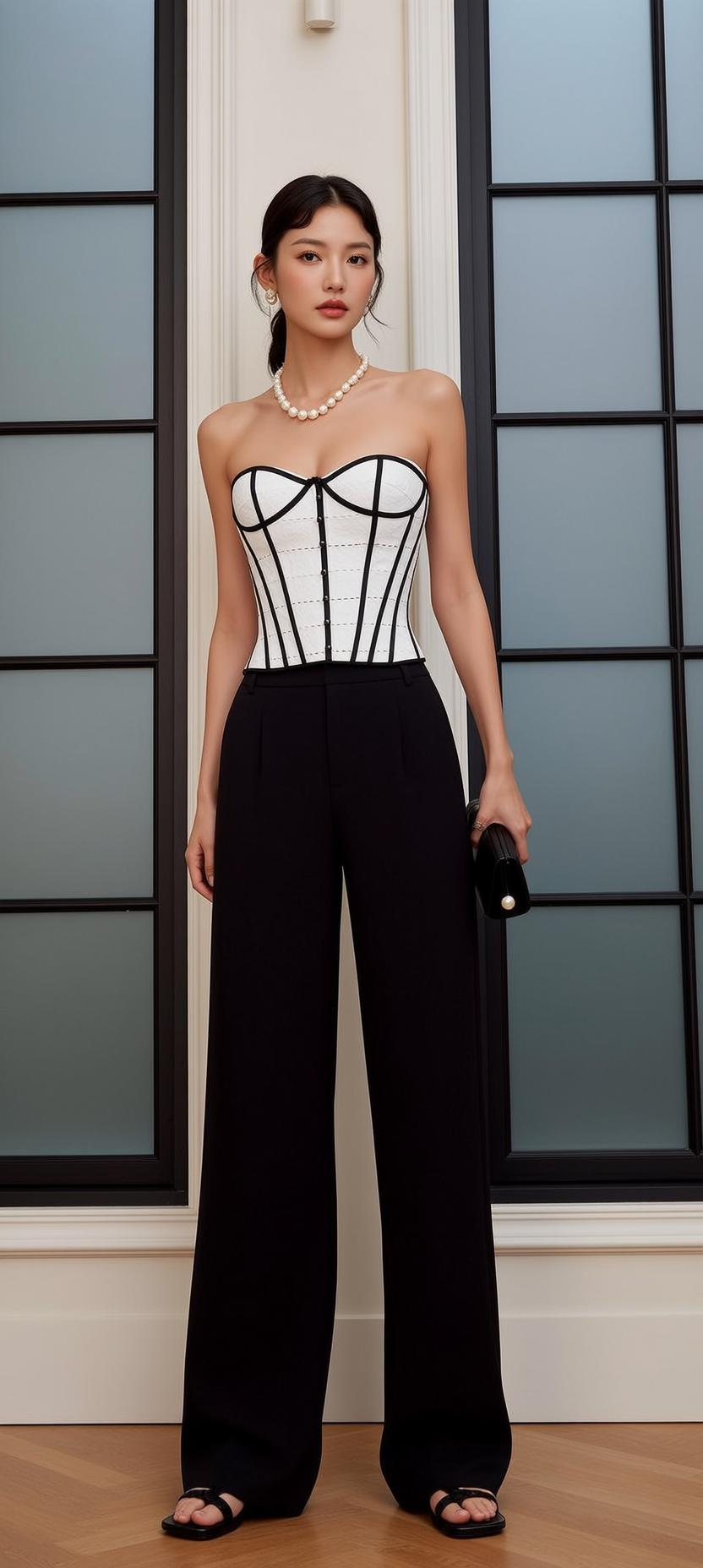 Asian Woman White Corset Black Trousers Pearl Necklace Window reference photo