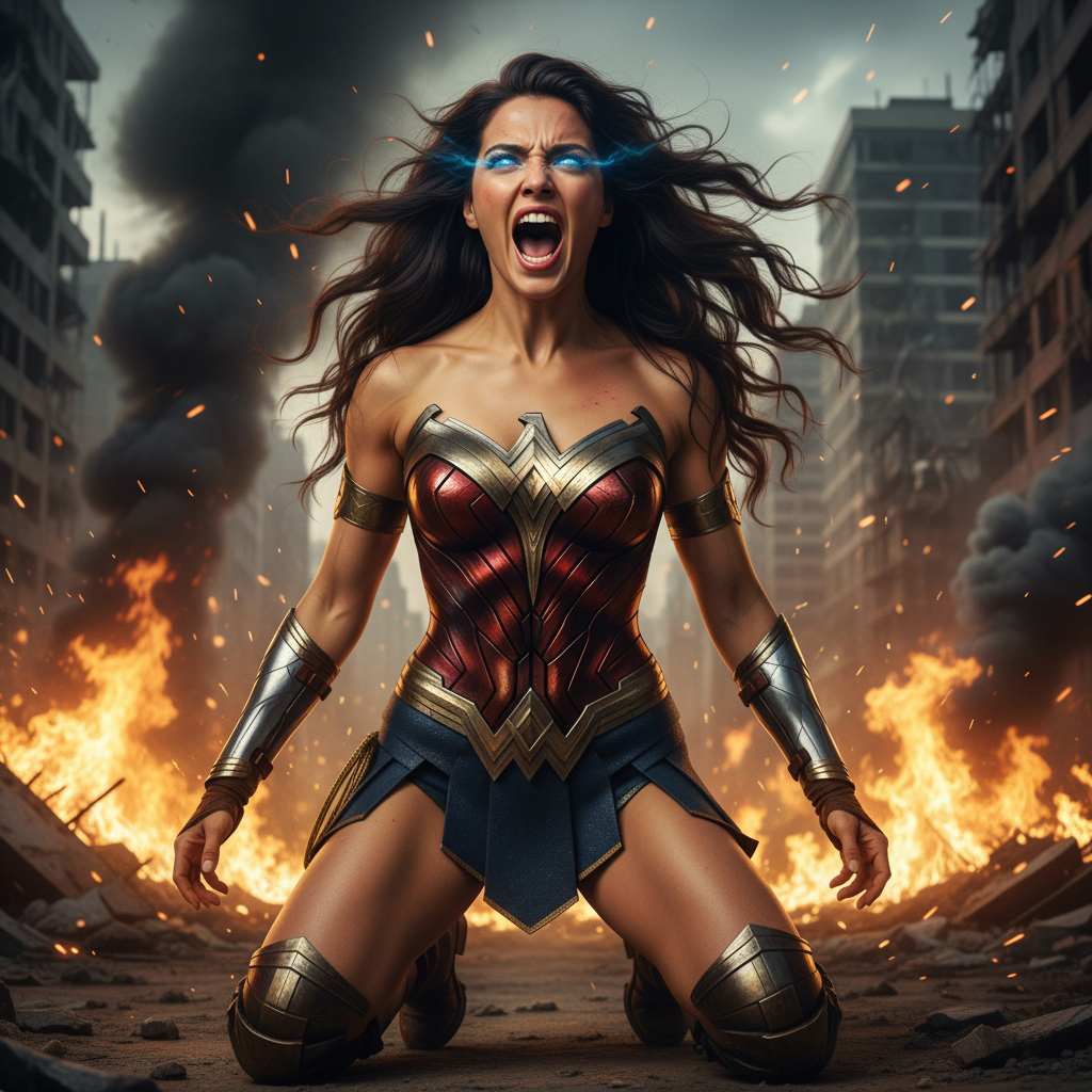 A fierce female Amazon warrior kneeling in an apocalyptic setting, screaming with fiery determination, wearing damaged battle armor.