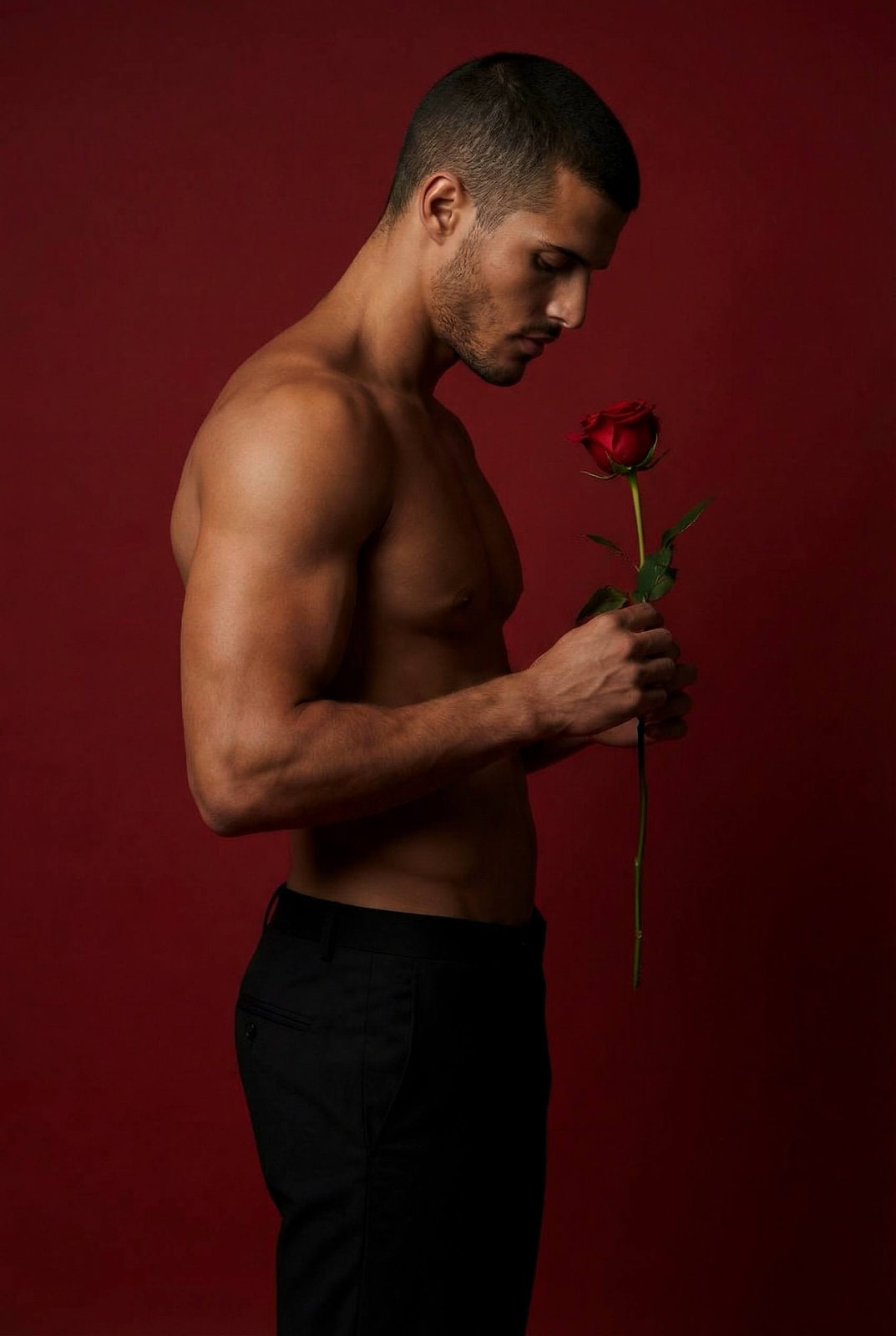 Muscular Man Red Rose Studio Portrait