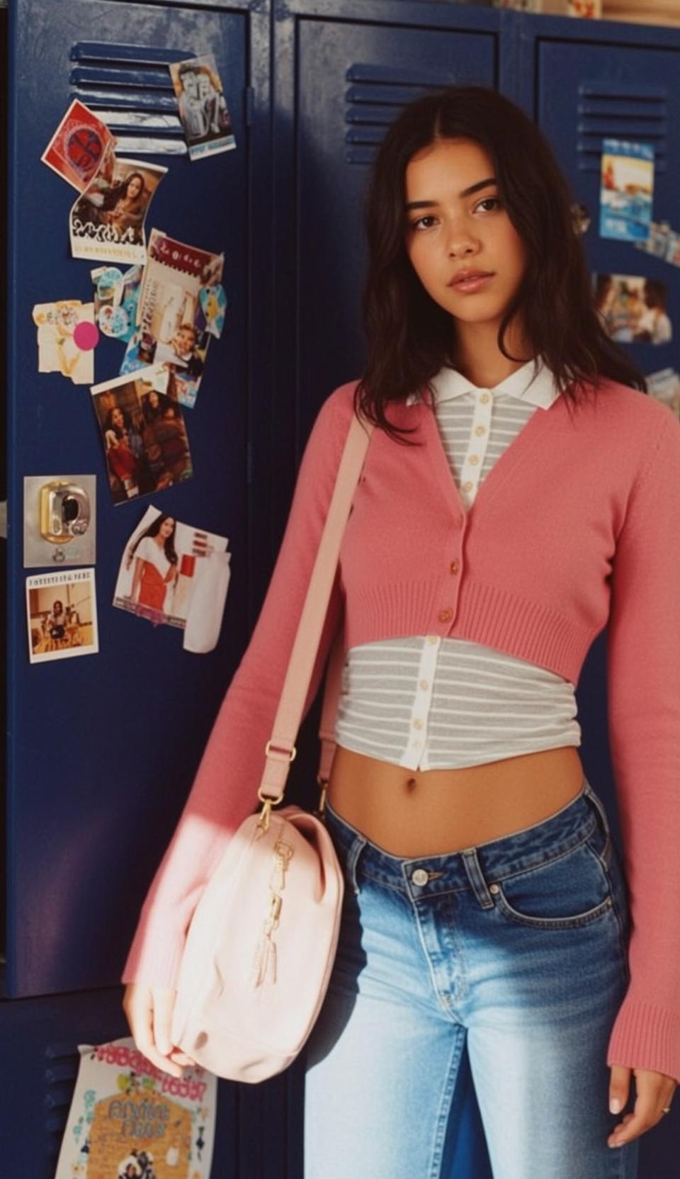 Pink Cardigan Jeans Mirror Selfie reference photo