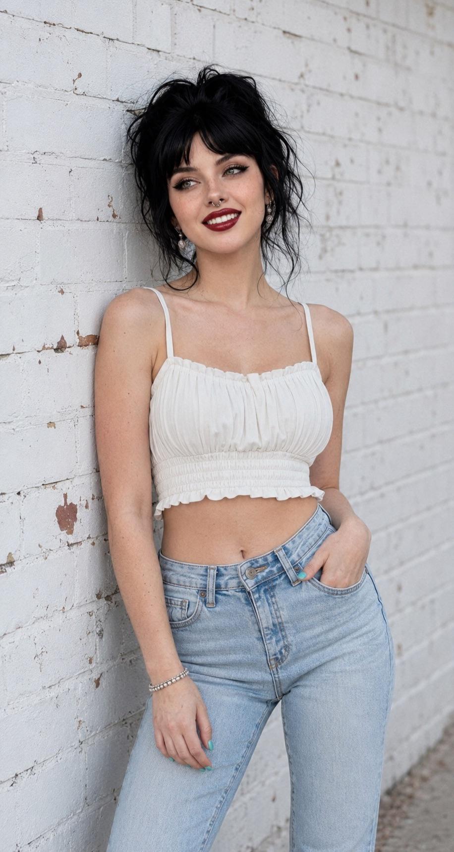 A woman leans against a white brick wall, her body angled away, clad in a white crop top and light-wash jeans, with soft natural lighting.