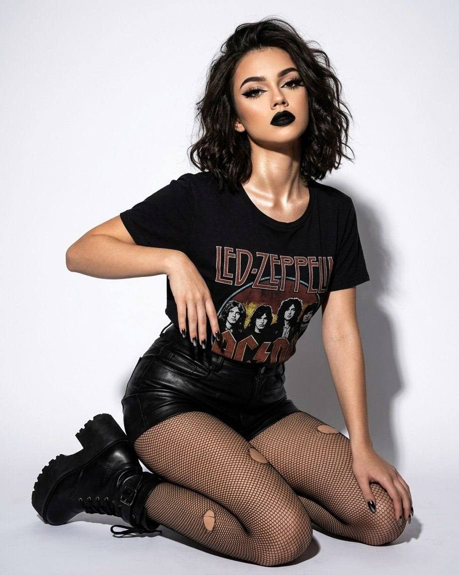 Rock Girl Studio Shoot Black Leather Fishnets Makeup