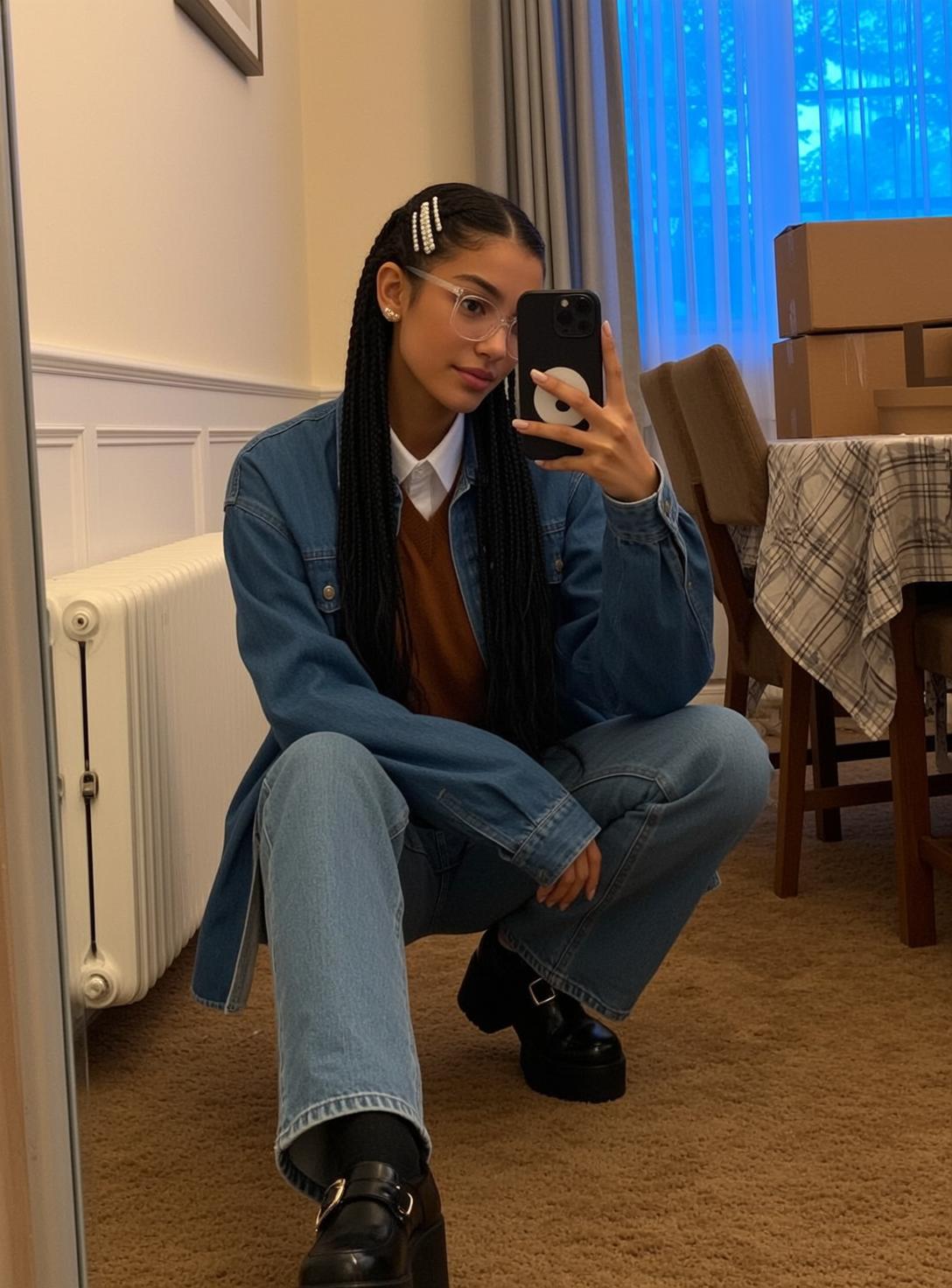 Denim Jacket Loafers Mirror Selfie reference photo