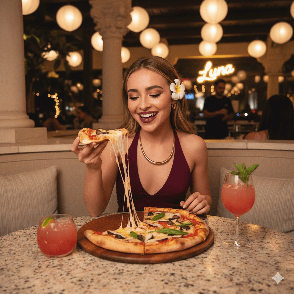 Eating Pizza At Outdoor Restaurant Table reference photo