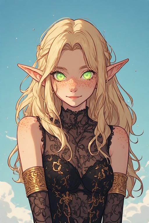 Mischievous elf girl with glowing eyes and orange freckles, wearing a sheer lace bodysuit with gold cuffs against a pastel sky.