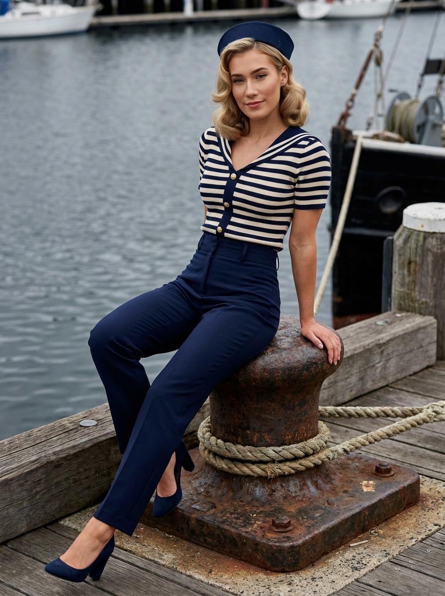 Sailor Outfit On Wooden Pier Calm Water