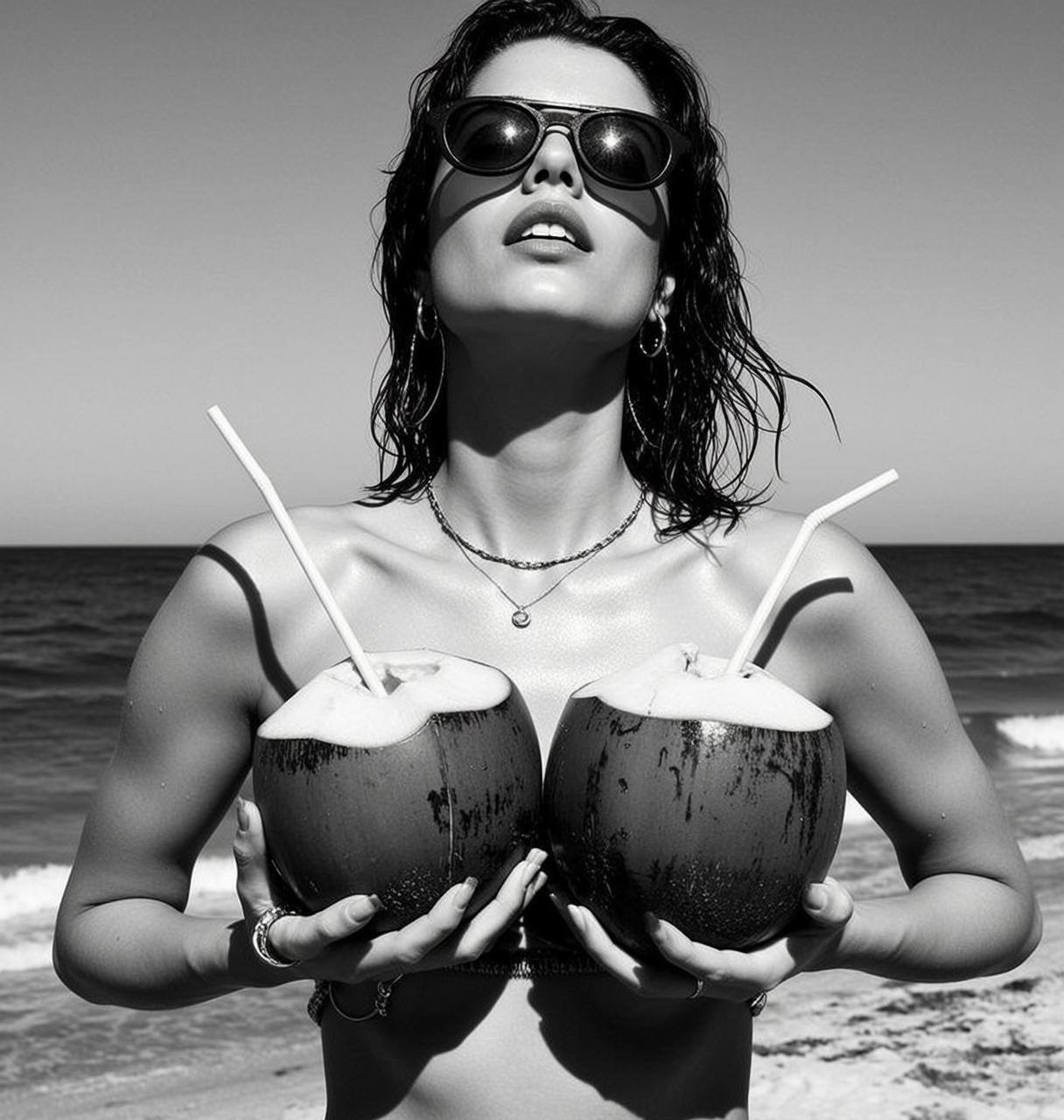 Medium Shot Black And White Photorealistic Image Woman Beach Holding reference photo