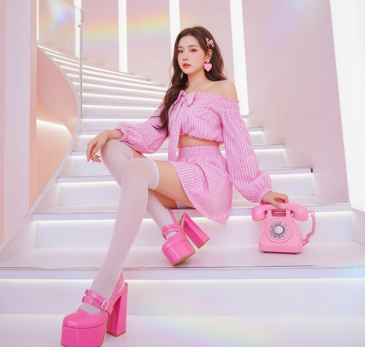Pink Gingham Phone Stairs reference photo
