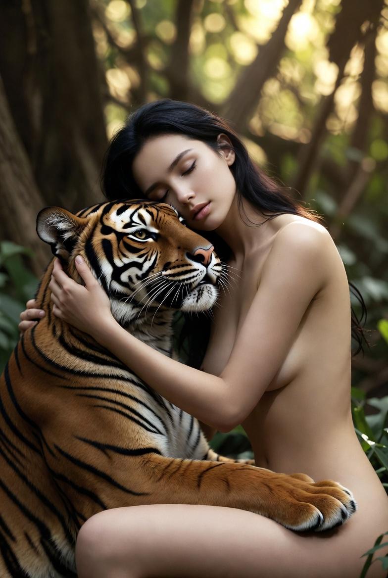 Tiger Embrace Serene Forest Vertical Shot