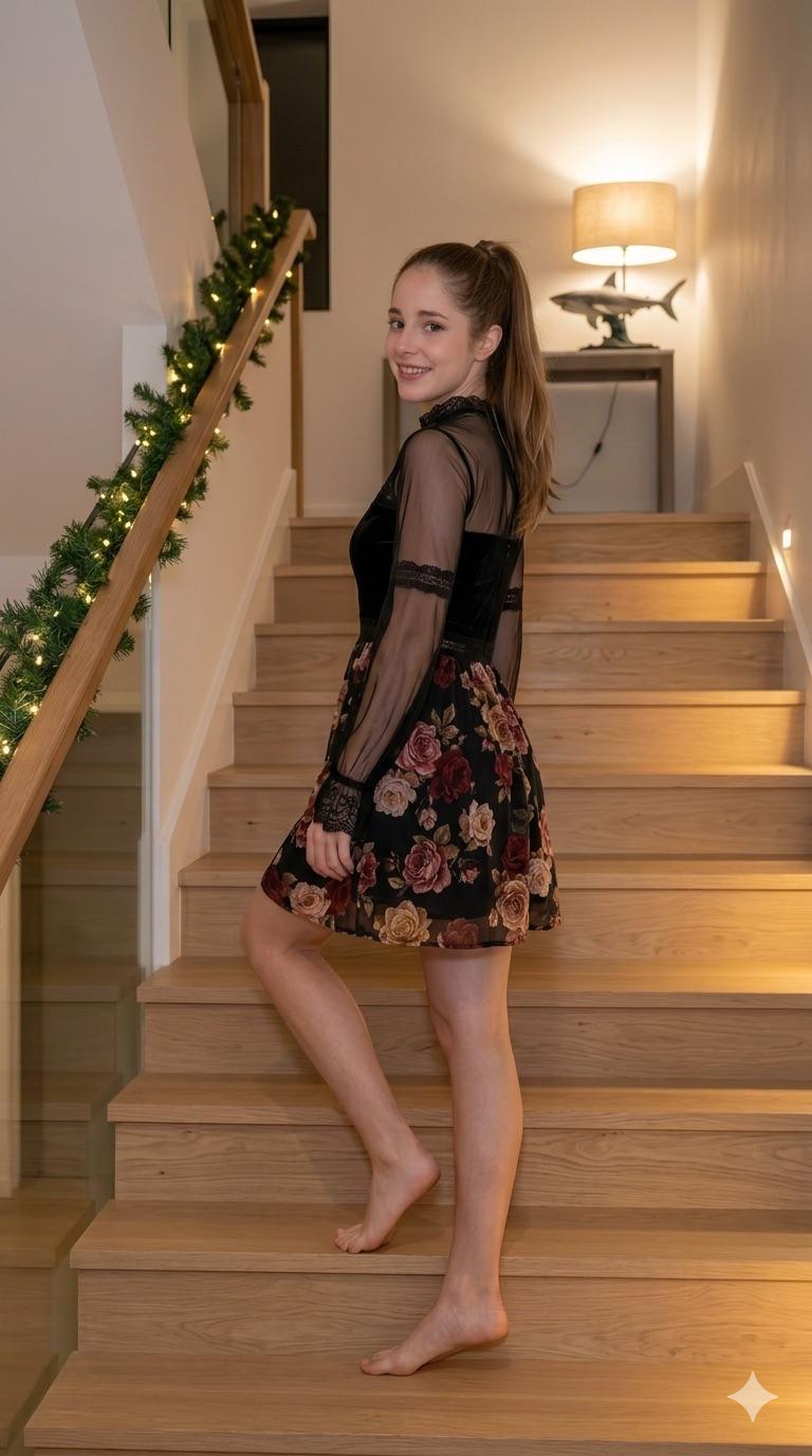 Barefoot On Wooden Stairs Warm Garland Lights
